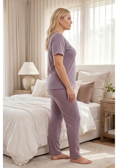 Eyfuze Kadın Büyük Beden Desenli Yakası Düğmeli Kısa Kollu Bambu Pijama Takımı Lila-2