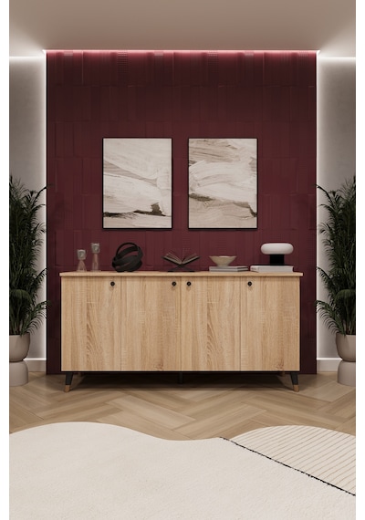 Asra Trend 4 Kapaklı Konsol KNSL01 %100 MDF Metal Ayaklı Çok Amaçlı Dolap Sonoma