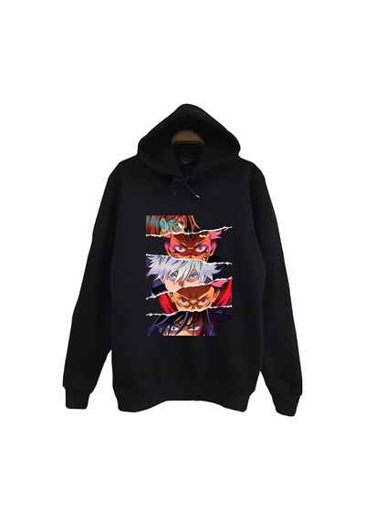 Jujutsu Kaisen Anime Baskılı Unisex %100 Pamuk Siyah Kapüşonlu Sweatshirt Siyah