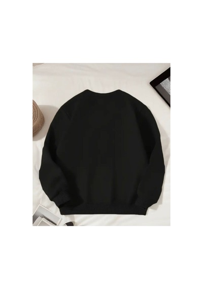 Herkesemoda Baskılı Bisiklet Yaka İçi Polarlı Sweatshirt Siyah