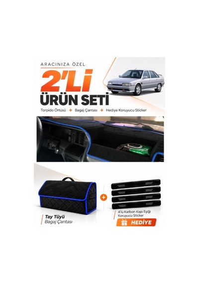 Renault 21 Concorde 1990-1996 Uyumlu Torpido Örtüsü + Tay Tüyü Bagaj Çantası Seti - Siyah Mavi