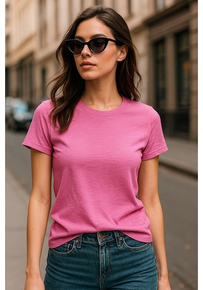 Kadın %100 Organik Pamuklu Relaxed Yıkamalı T-shirt Bisiklet Yaka Kısa Kollu Kadın Basic Tişört Fuşya