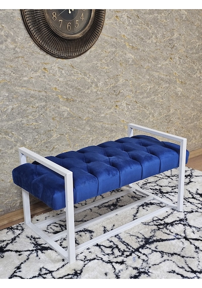 Zafir Beyaz Boyalı Metal 80 Cm Puf Bench - Antre Puf - Hol Bench - Puf - Oturak - Bench Mavi