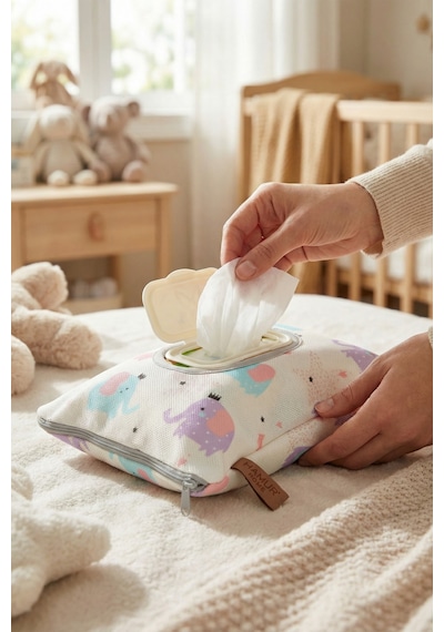 Askılı Taşınabilir Anne Bebek Fermuarlı Islak Mendil Kılıf Bebek Arabası Beşik Kenarı Çanta Elephant