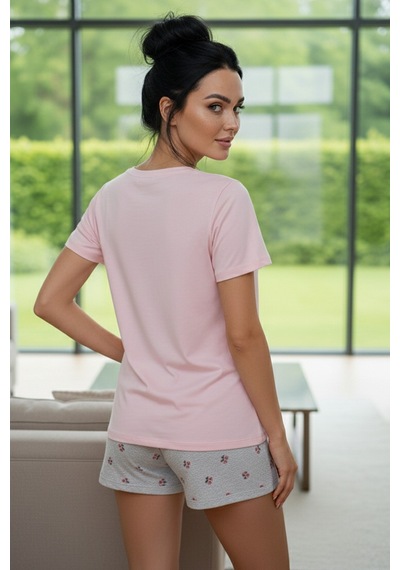 Siyah İnci Pembe Desenli Pamuklu Bisiklet Yaka Örme Şortlu Pijama Takım 26111040