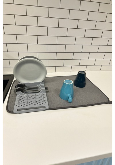 Katlanabilir Bulaşıklık 2 Katlı Büyük Boy Mikrofiber Matlı Tezgah Üstü Kurutmalık Organizer Gri