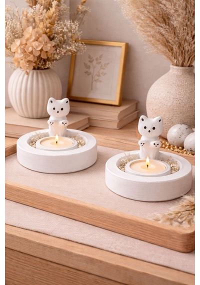 2'li Üşüyen Kedi Figürlü Mumluk Ve Mum Hediye Beyaz