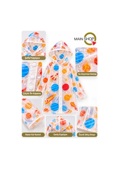 Mainshop 6-7 Ve 8-9 Yaş Çocuk Yağmurluk Kapüşonlu Su Geçirmez Şeffaf Desenli Çok Renkli