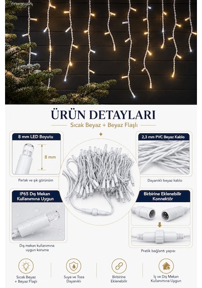 4 Metre 192 Led Profesyonel Perde Led Işık Dış Mekan Kalın Kablolu Beyaz Flaşlı Kafe Restoran Bahçe Teras Aydınlatma Sarı