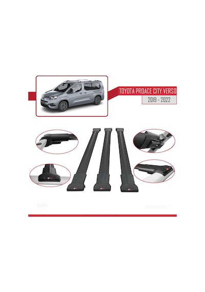 Toyota Proace City Verso 2019-2022 Arası İle Uyumlu Fly Model Ara Atkı Tavan Barı Siyah 3 Adet Bar