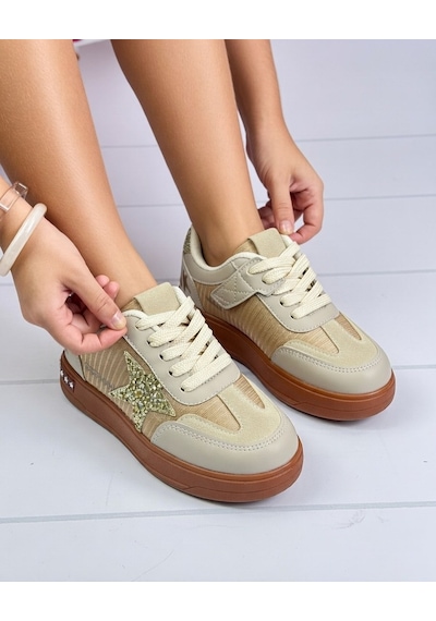 Nstil Kız Çocuk Simli Yıldız Detaylı Sneaker Bağcıklı Günlük Spor Ayakkabı 5006 Bej