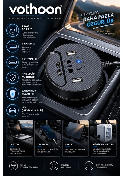 Araç Şarj Aleti Çakmaklık İnvertör & Şarj Cihazı 220v Priz+usb & Type-c Araba Çakmaklık 1