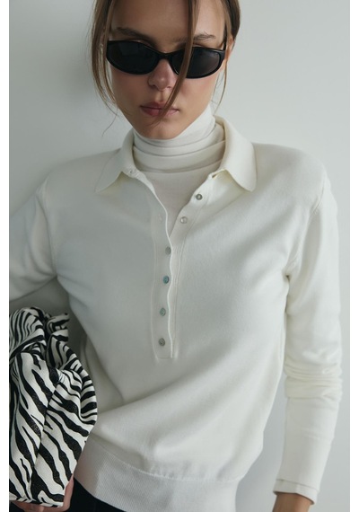 Suud Collection Beyaz Carter Polo Yaka Triko Kazak