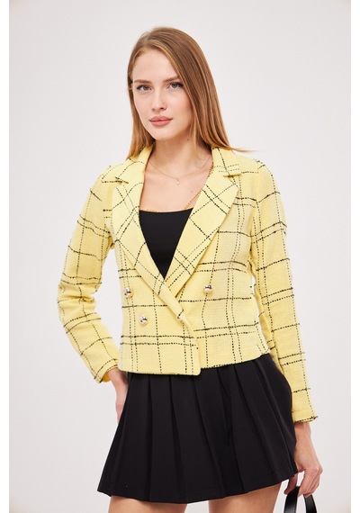 Armonika Kadın Sarı-siyah Kruvaze Yaka Tüvit Crop Ceket Arm-24k001014