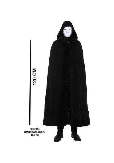 Siyah Kapüşonlu 120 Cm Pelerin Ve Beyaz Boyanabilir Tam Yüz Maske
