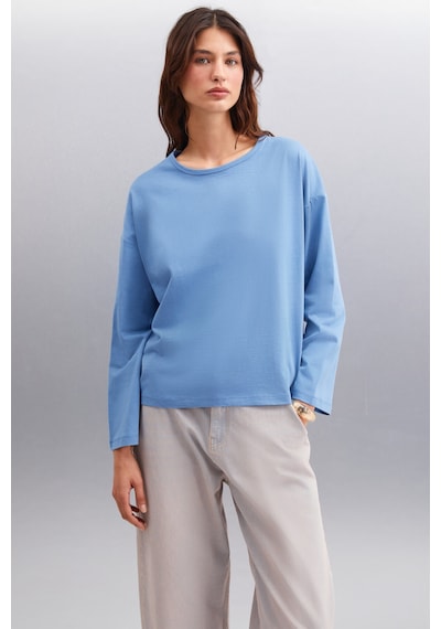 Grımelange Basıl Kadın Sırt Baskı Detaylı Oversize %100 Organik Pamuk Örme Uzun Kol Indigo T-shirt