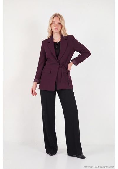 Lela Puantiye Astarlı Belden Bağlamalı Blazer Ceket Kadın Ceket 6524049 Mürdüm