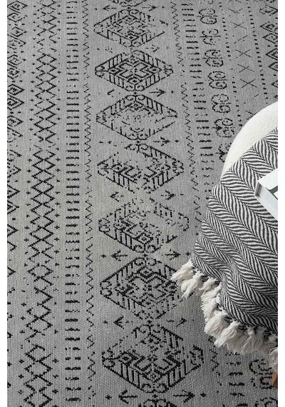 Gaia Gri Halı Yıkanabilir Kaymaz Taban Şönil Kilim Dokuma Pamuk Taban Kilim 10338 Gri