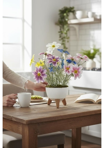 Yapay Çiçek Renkli Gerbera Papatya Salon Çiçeği Zigon Saksıda Yapay Bitki 50 40cm Yeşil
