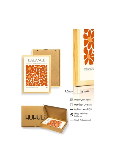Doğal Ahşap Çerçeveli Retro Floral Tablo - Turuncu Soyut Desen Huhu2585