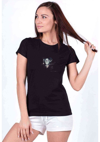 V For Vendetta Mask Baskılı Siyah Kadın Tshirt