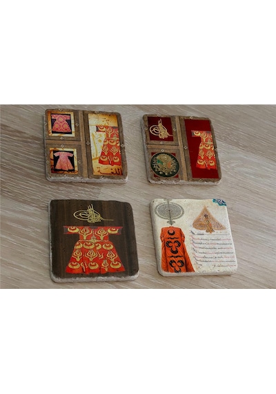 Padişah Kaftanları Ferman Ve Tuğra Doğal Taş Bardak Altlığı 4'lü Set - Natural Stone Coasters - Taş Çok Renkli