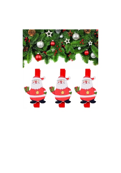 Yılbaşı Hediye Motifli Noel Baba Dekoratif Mandal 6'lı
