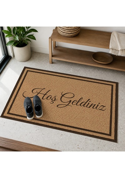 Kartela Halı Hoş Geldiniz Yazılı Çift Çerçeveli Kapı Paspası Koko Kaymaz Kauçuk Taban 40x60 Cm