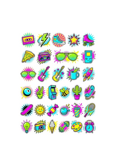 30 Adet Nostaljik Pop-art İkonları Sticker Seti - Laptop Defter Telefon Ajanda Çok Renkli