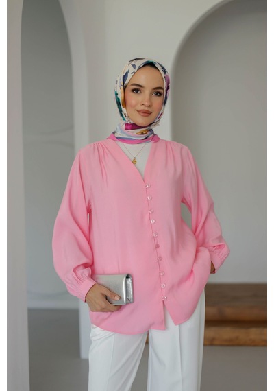 Moonsc Kadın Regular Fit V Yaka Önü Brit Detaylı Tesettür Pembe Gömlek