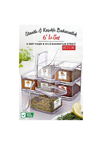Nandy Home Standlı Kaşık Clear Baharatlık Seti 6'lı + Görselli Etiket Şeffaf