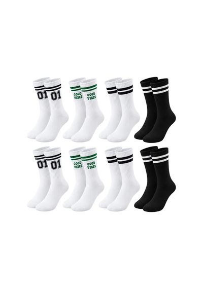 COJans Unisex Çorap Çizgili 8'li Set 07 Good Vibes Yazılı Siyah Beyaz Uzun Soket Spor Kolej Stil Çorap Çok Renkli