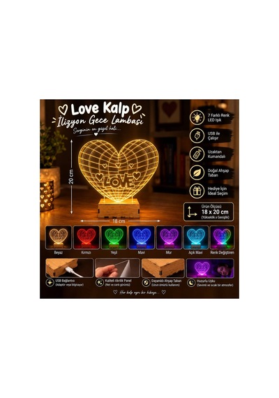 Şeffaf İlizyon Led Gece Lambası Love Kalp Görseli 18x20 Cm