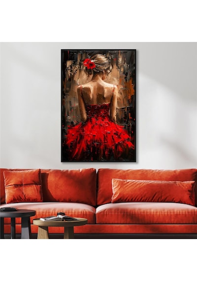 Yağlı Boya Dokulu Tablo Modern Kırmızı Elbiseli Sırtı Dönük Kadın Siyah Çerçeveli U05010-178962