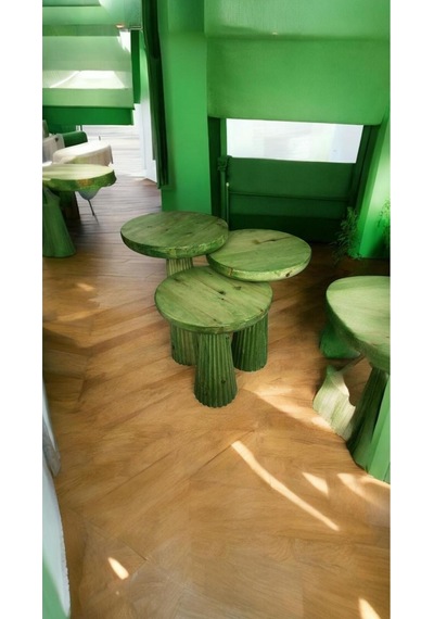 Wood Wooden Ahşap 3 Lü Set Fitilli Mantar Yan Sehpa Modern Çimen Yeşili Renk Fiskos Çimen Yeşili