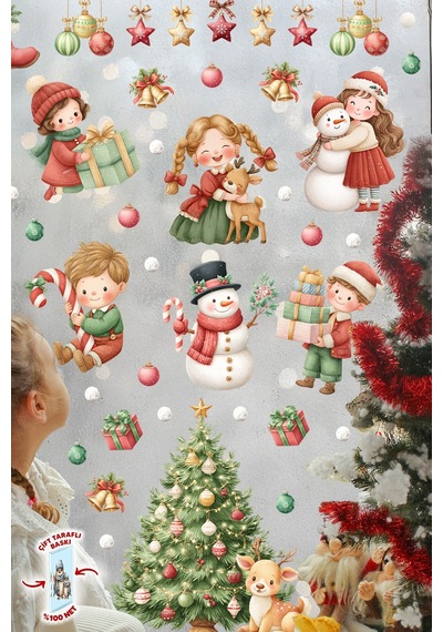 Yılbaşı Temalı Çocuk Odası Cam Sticker Seti Çam Ağacı, Kardan Adam, Hediye Noel Figürleri 44 Parça Dijital Baskı