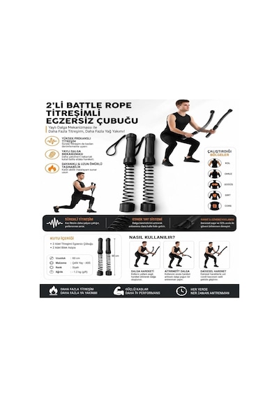 2'li Battle Rope Titreşimli Egzersiz Çubuğu, Yaylı Dalga Mekanizmalı Kol, Omuz, Göğüs, Sırt Ve Core Antrenman Aleti
