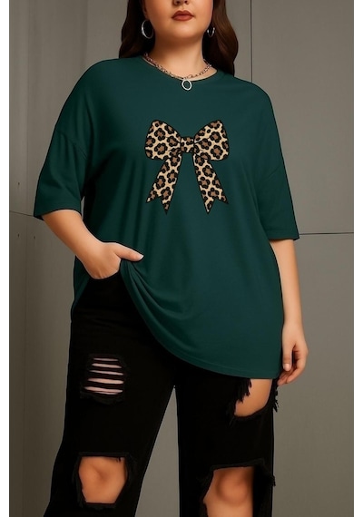 Büyük Leopar Desenli Klurdela Baskılı Unisex Tişört Yeşil