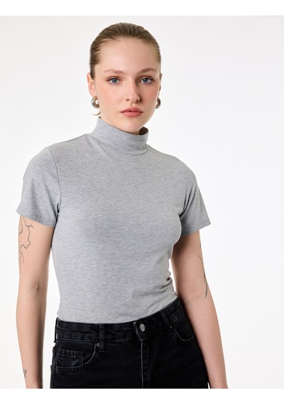 Koton Slim Fit Kısa Kollu Dik Yaka Tişört Gri 6sak50329ek Gri