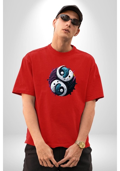 Renkli Yin İle Yang Kuramı Pamuklu Bisiklet Yaka Unisex Oversize Boyfriend Dijital Baskılı Kırmızı T-shirt Kırmızı