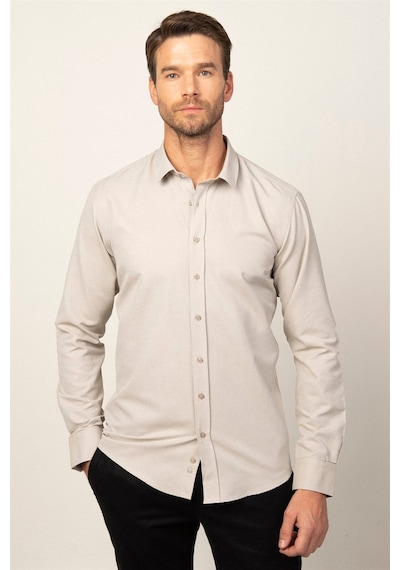 Tudors Modern Slim Fit Pamuklu Kolay Ütü Armürlü Erkek Gömlek-26467 Bej