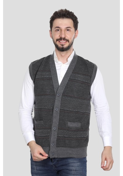 Kzc Tekstil Erkek Baba Orta Yaş Ve Üzeri Triko Örgü Akrilik Kışlık Kalın Dokulu Düğmeli Cepli Baba Yelek Gri