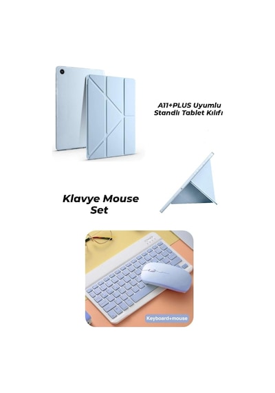 Samsung Uyumlu Galaxy A11+ Plus Uyumlu Standlı Tablet Kılıfı + Kablosuz Klavye Mouse Set Mavi Diğer
