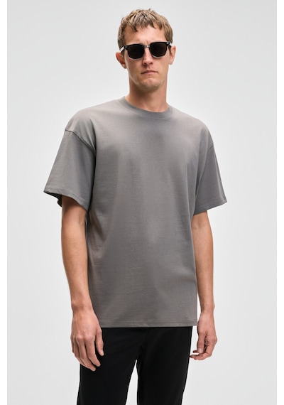 Grımelange FEON Erkek Oversize Geniş Kesim %100 Organik Pamuk Kalın Dokulu Yuvarlak Yaka Açık Gri T-Shirt