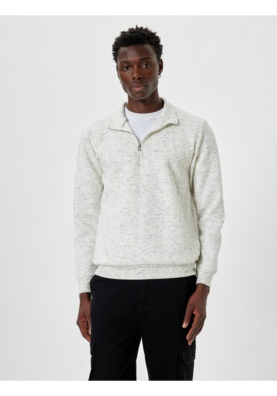 Koton Yarım Fermuarlı Sweatshirt Dokulu Pamuklu Beyaz 5wam70039mk Beyaz