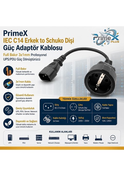 Primex Px-c14 0.35 Metre 3x1mm Ups Psu Schuko Çevirici Kablo, Iec C14 Erkek To Schuko Dişi Ups Standart
