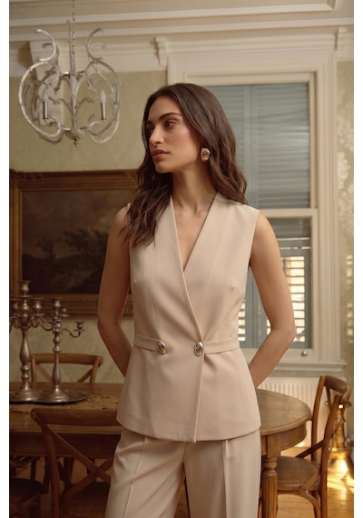 Sateen Sofia Düğme Detaylı Yelek - Bej-137607