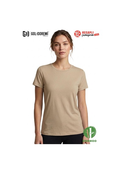 Jiber Kadın Premium Ekstra Esnek Bambu Terletmeyen Hafif Kumaş T-shirt Bej