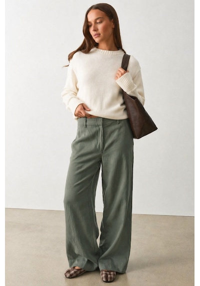 Madmext Haki Yüksek Bel Keten Wide Leg Pantolon Mg2718