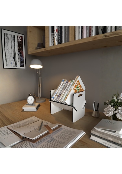 Kitap Standı, Çalışma Masası Organizer, Dekoratif Dergi Standı, Minimalist Kitaplık. Beyaz